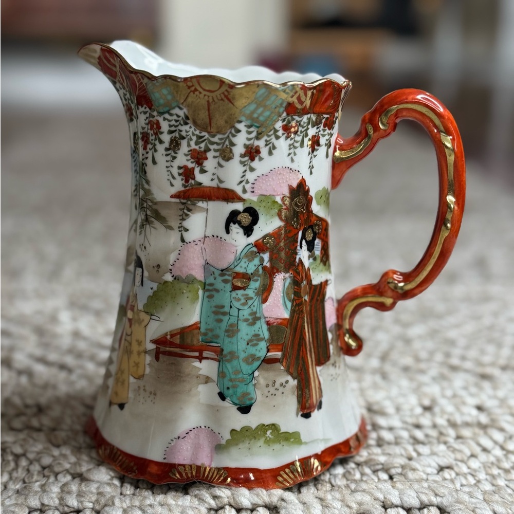 Vintage Asian-Inspired Ceramic Pitcher with Red Accents